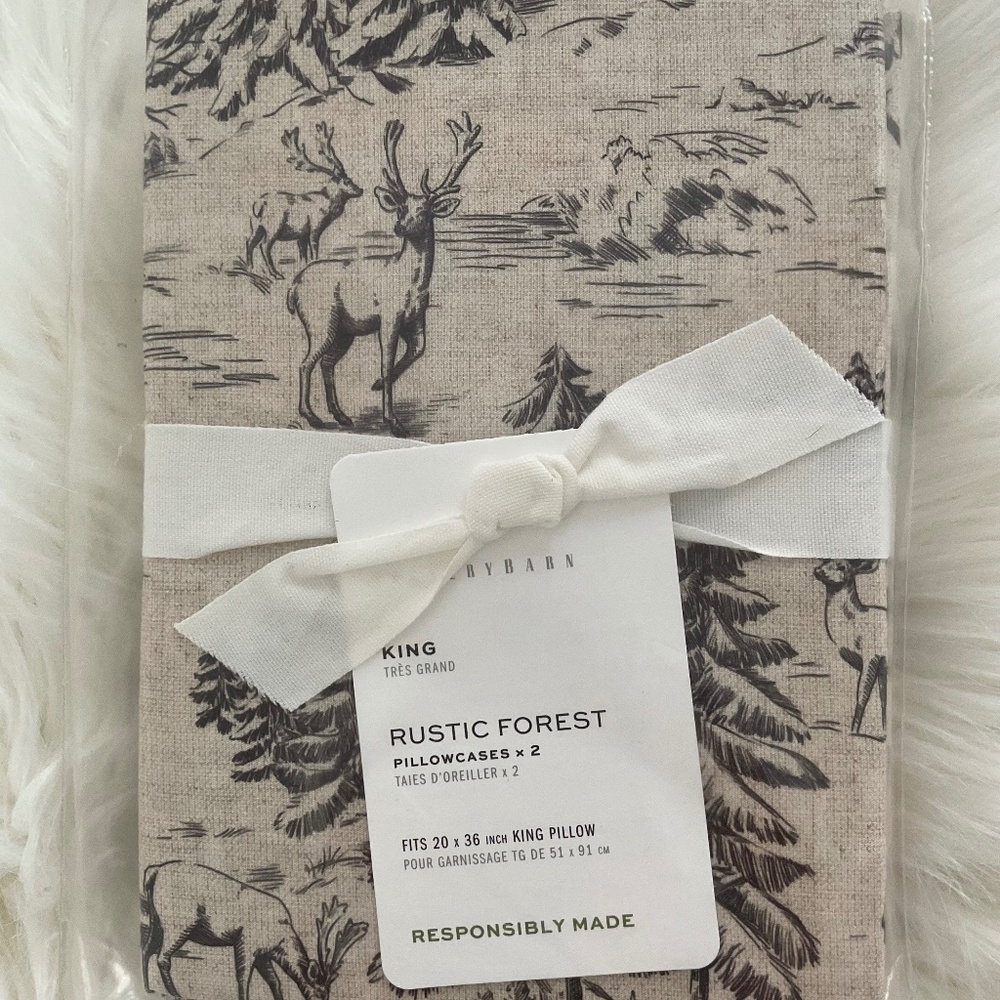 NWT Pottery Barn Rustic Forest King Pillowcases Set of 2 Woodland Cabin Deer